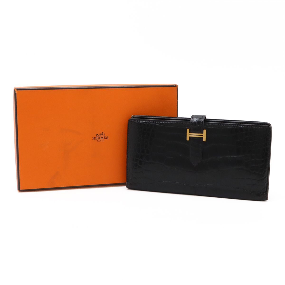 【超極美品】エルメス アリゲーター ベアン スフレ 二つ折り長財布 ゴールド金具 HERMES エルメス ベアンスフレ 2つ折長財布 二つ折り長財布
