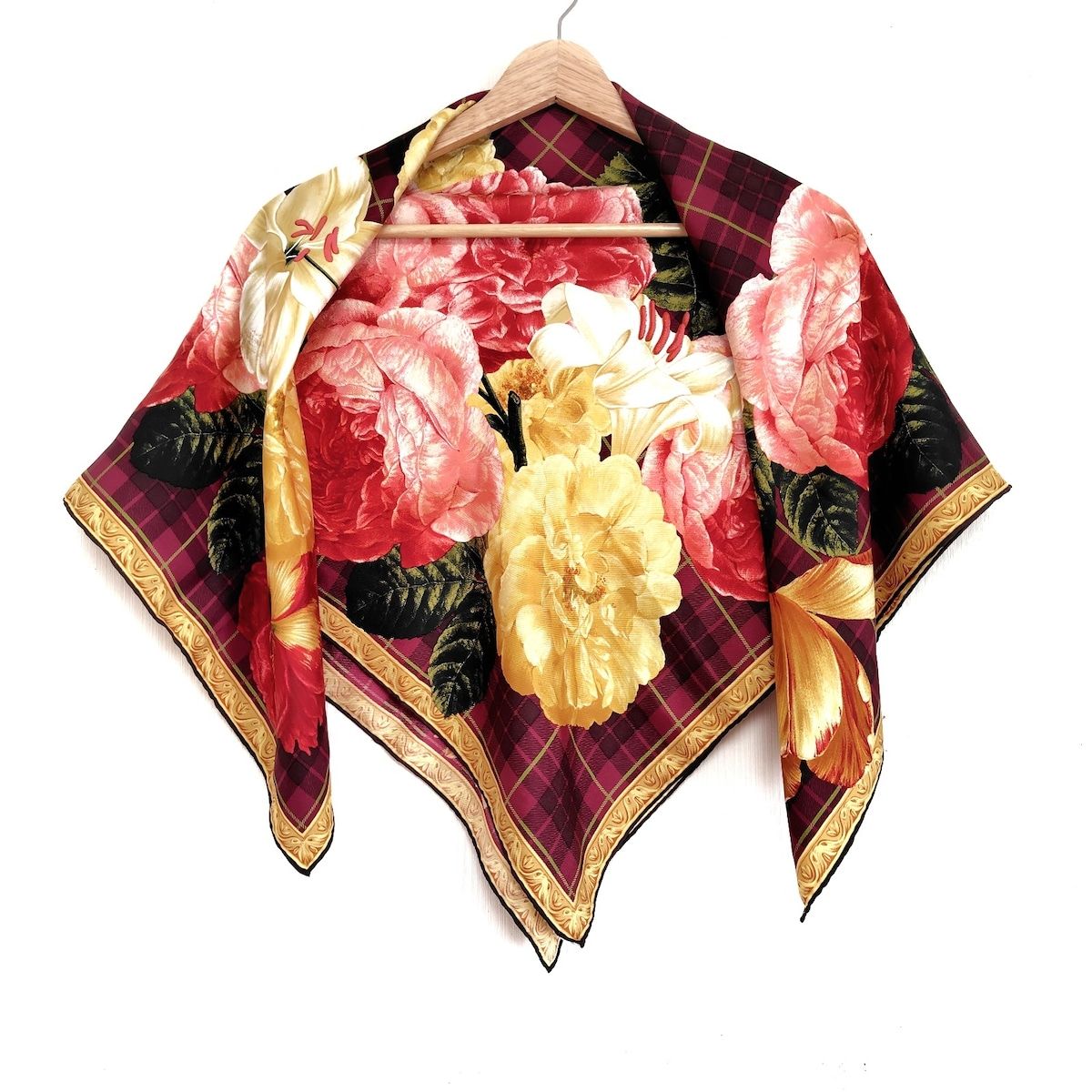 GUCCI グッチ スカーフ - ボルドー×ダークイエロー×マルチ チェック柄|花柄