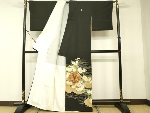 黒留袖♦︎袷♦︎正絹♦︎ヴィンテージ♦︎麦の穂柄に金の扇 平和屋着物□豪華黒留袖 作家物 駒刺繍 色紙松竹梅 金彩 正絹