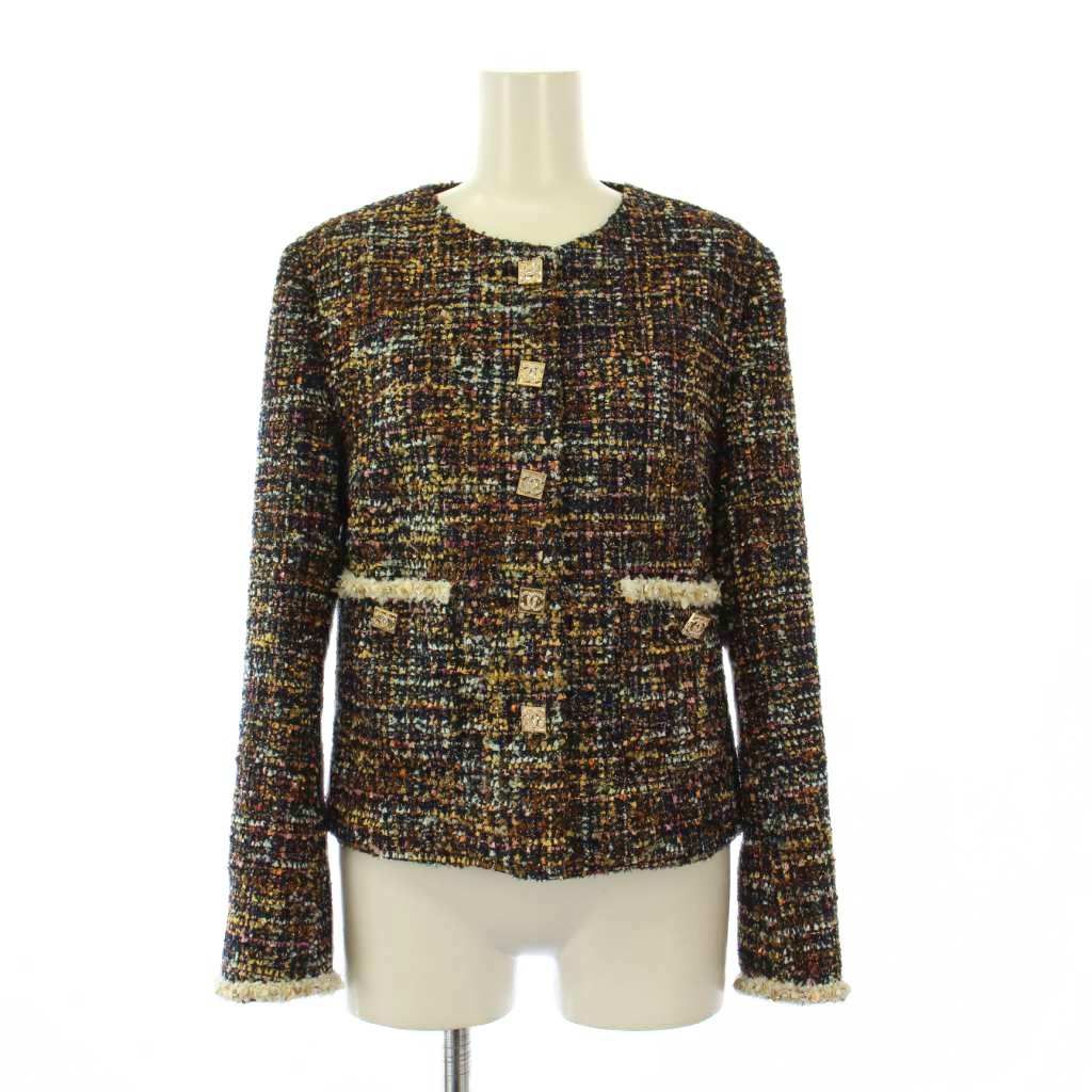 シャネル CHANEL uniform ノーカラージャケット アウター ショート丈 ツイード ココボタン ココマーク ロゴ ウール シルク 36 マルチカラー |BB