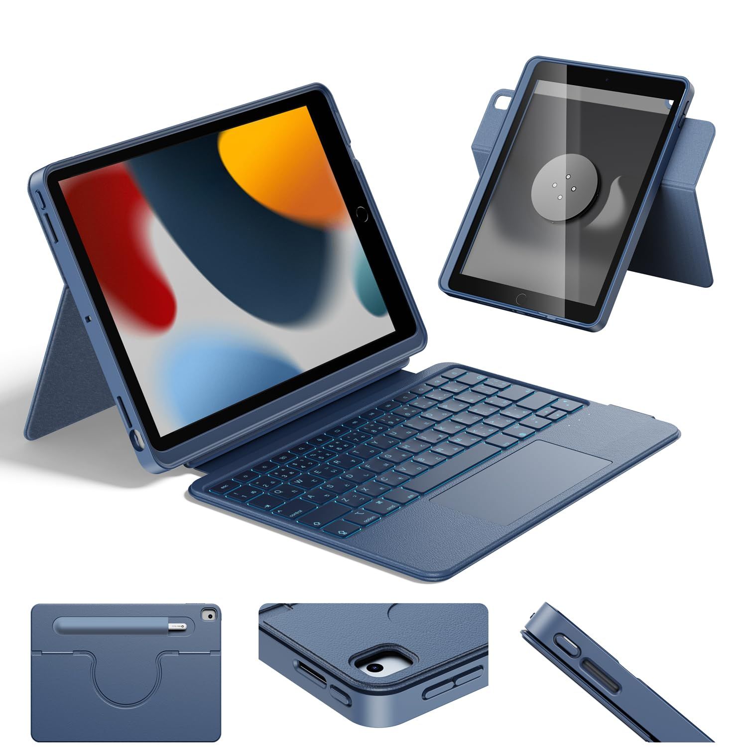 2021年 - 10.2インチ 第8世代 2020年 第9世代 - 第7世代 iPad 2019年 マルチタッチトラックパッド搭載 for 7色バックライト 薄型軽量 キーボードケース 回転 着脱 縦向き|横向きモード Combo