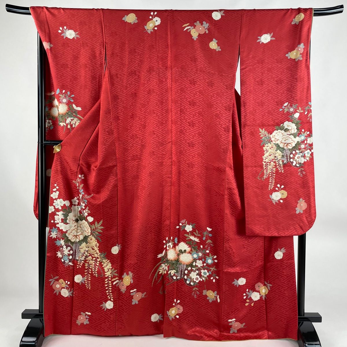 振袖 身丈168cm 裄丈70cm L 袷 花車 牡丹 金糸 金彩 赤 正絹 秀品  