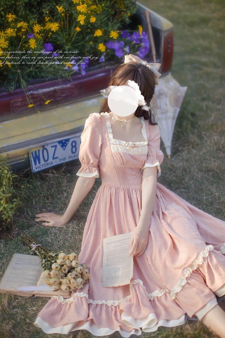 ♥ ふんわりシルエット×レースが映える♪ピンクロリータワンピース 撮影やおでかけに