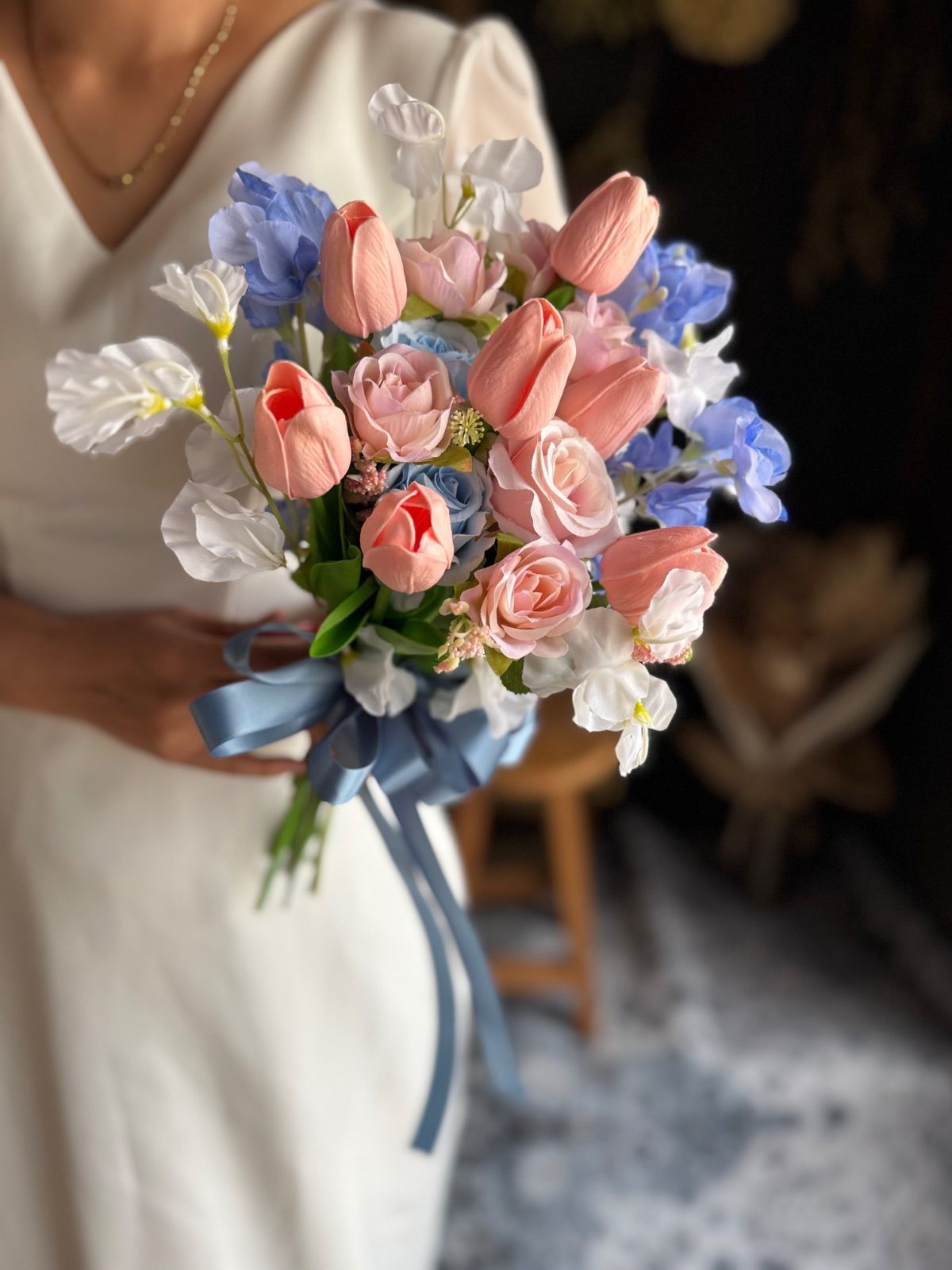 ピンクチューリップ×ブルークラッチブーケ ブートニア YUZUMIYA_COM