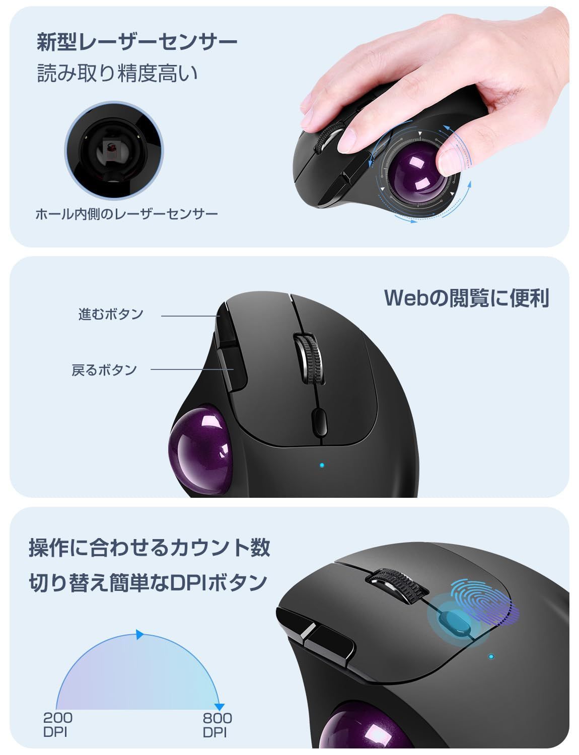 【特価商品】【NEWモデル】 ワイヤレス マウス トラックボール 親指 静音タイプ 3台同時接続 高精度 エルゴノミクス Bluetooth&2.4GHz両対応 瞬時接続 無線マウス トラックボールマウス 7ボタン 進む/戻るボタン Ewin Windows/