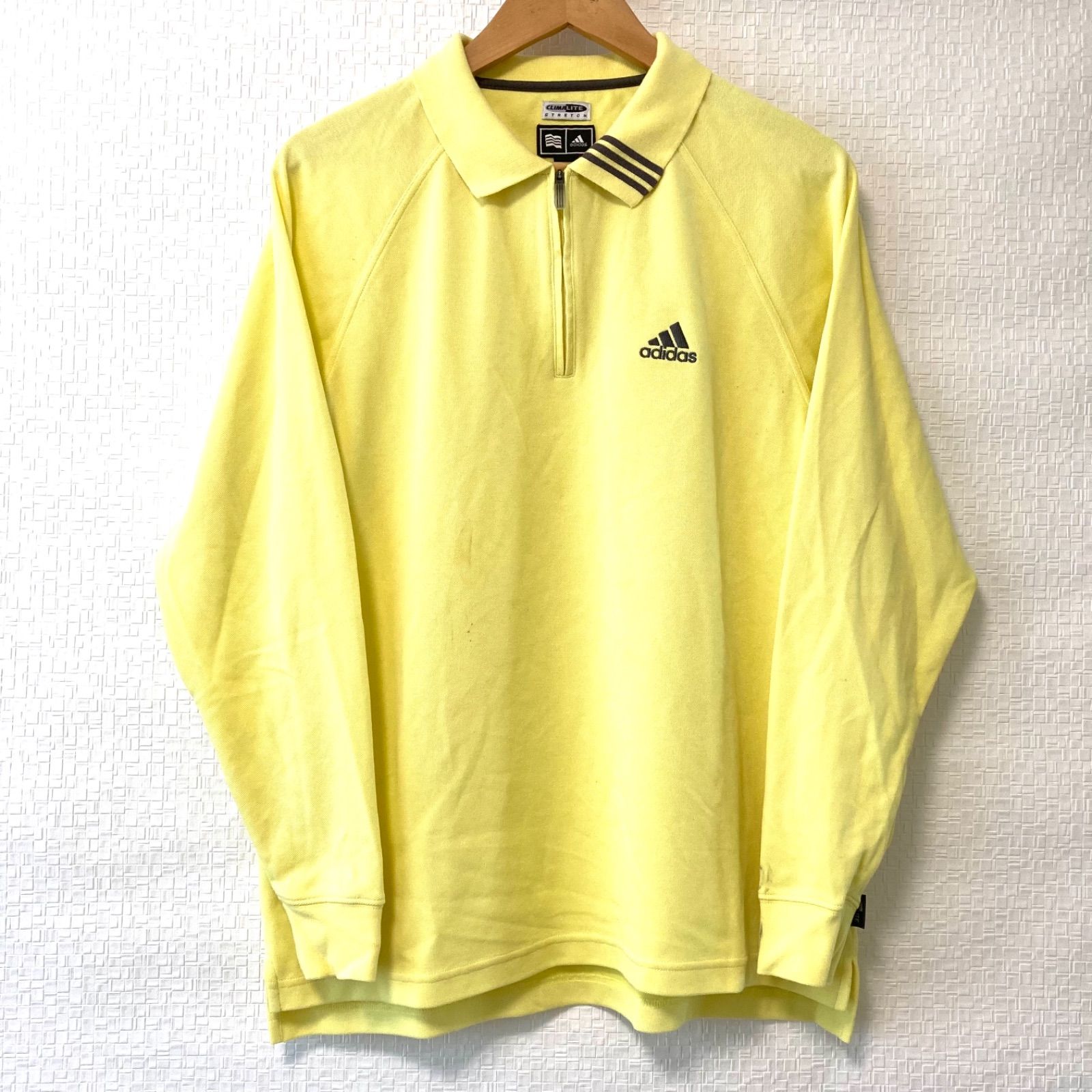 (^w^)b adidas アディダス ハーフジップ 長袖 ポロシャツ CLIMALITE ゴルフ ウェア スポーツ カジュアル 綿 コットン  ロゴマーク シンプル イエロー 黄色 メンズ サイズM 上着