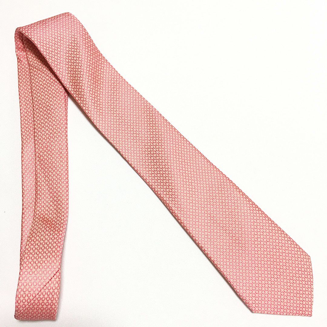 美品 エルメス HERMES ネクタイ シルク100% サーモンピンク系 H柄