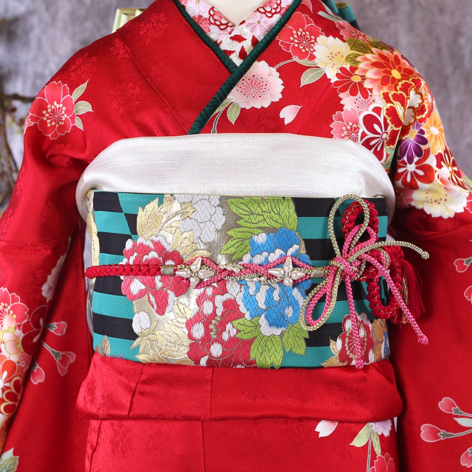 振袖フルセット 振袖セット 振袖 Lサイズ 赤×桜吹雪 美品 成人式 着物 晴れ着 6点セット KFN-2 振袖フルセット 振袖セット 振袖 Lサイズ 赤×桜吹雪 美品 成人式 着物