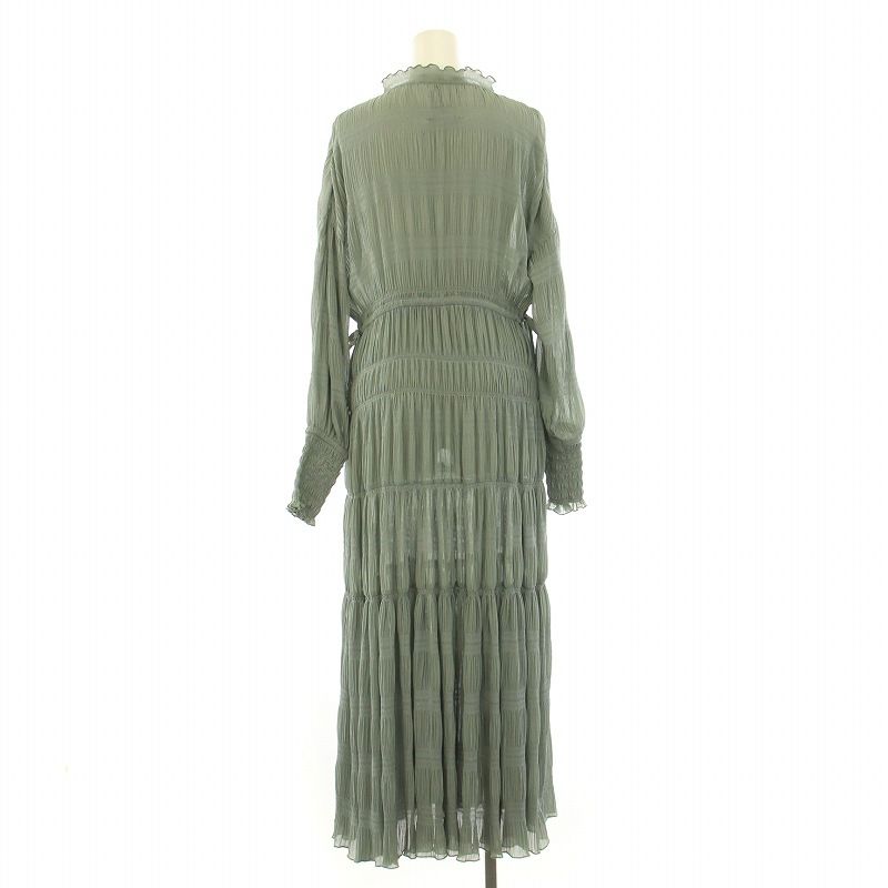 アメリヴィンテージ Ameri VINTAGE SHIRRING PLEATS DRESS シャーリングプリーツドレス フレアワンピース ギャザー  マキシ ロング 長袖 スキッパー ストレッチ リボン インナーキャミソール M 緑 グリーン