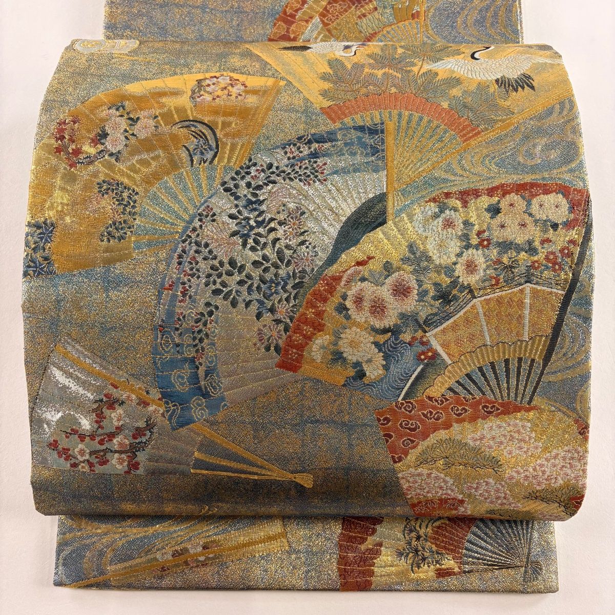 袋帯 美品 名品 落款 徳川美術館秘蔵 扇 花鳥 金糸 箔 金色