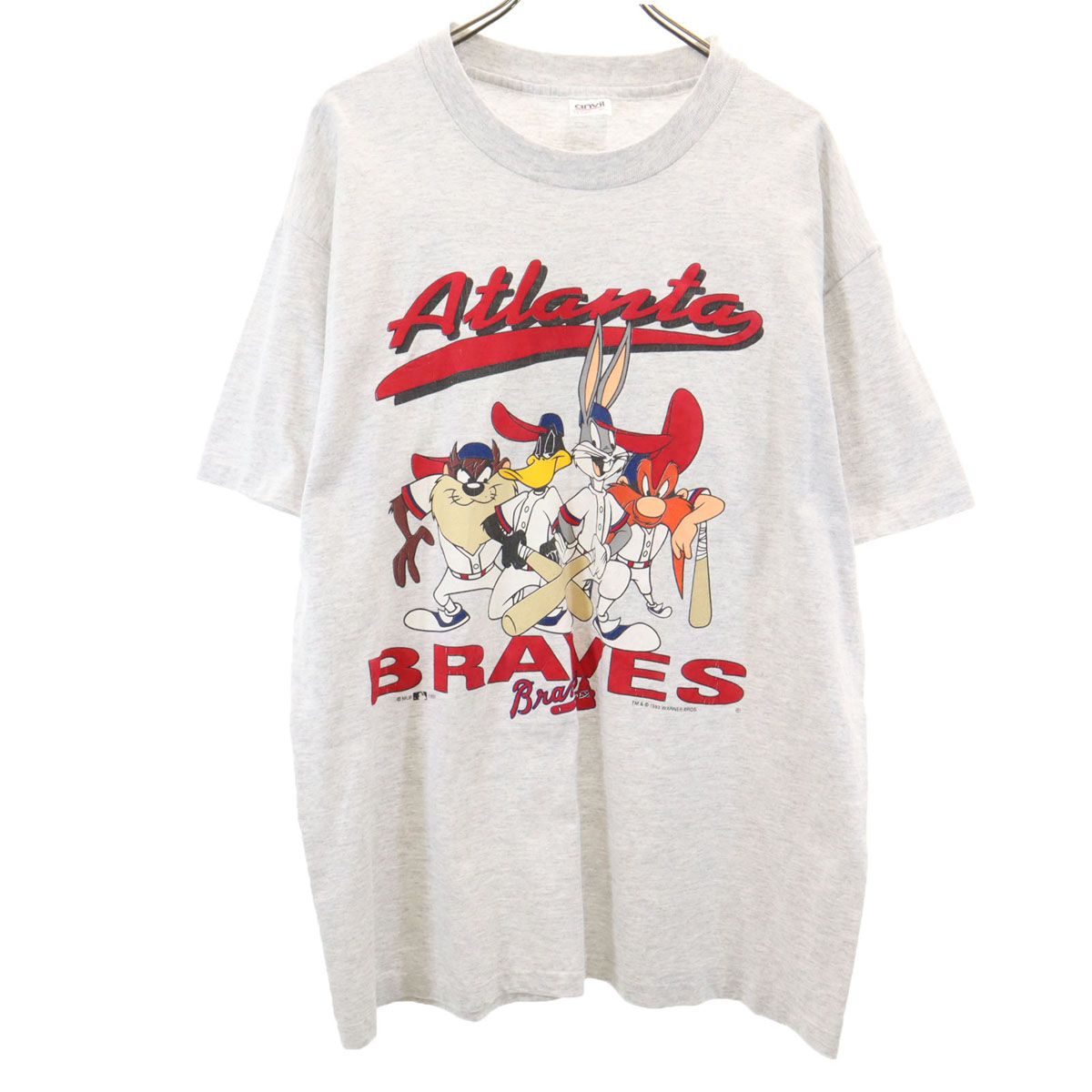 anbil アンビル 90s オールド USA製 MLB ルーニーテューンズ  アトランタブレーブス 半袖 シングルステッチ Tシャツ XL グレー ワーナーブラザーズ メンズ 古着