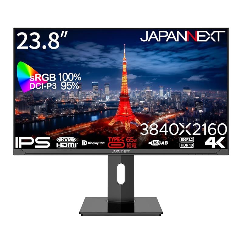 JAPANNEXT 23.8インチ モニター 4K UHD 3840x2160解像度 IPS ディスプレイ (KVM/HDMI/USB-C 給電 (65W) / DisplayPort/スピーカー内蔵/ブルーライトカット) JN-IPS2380UHDR-C 0