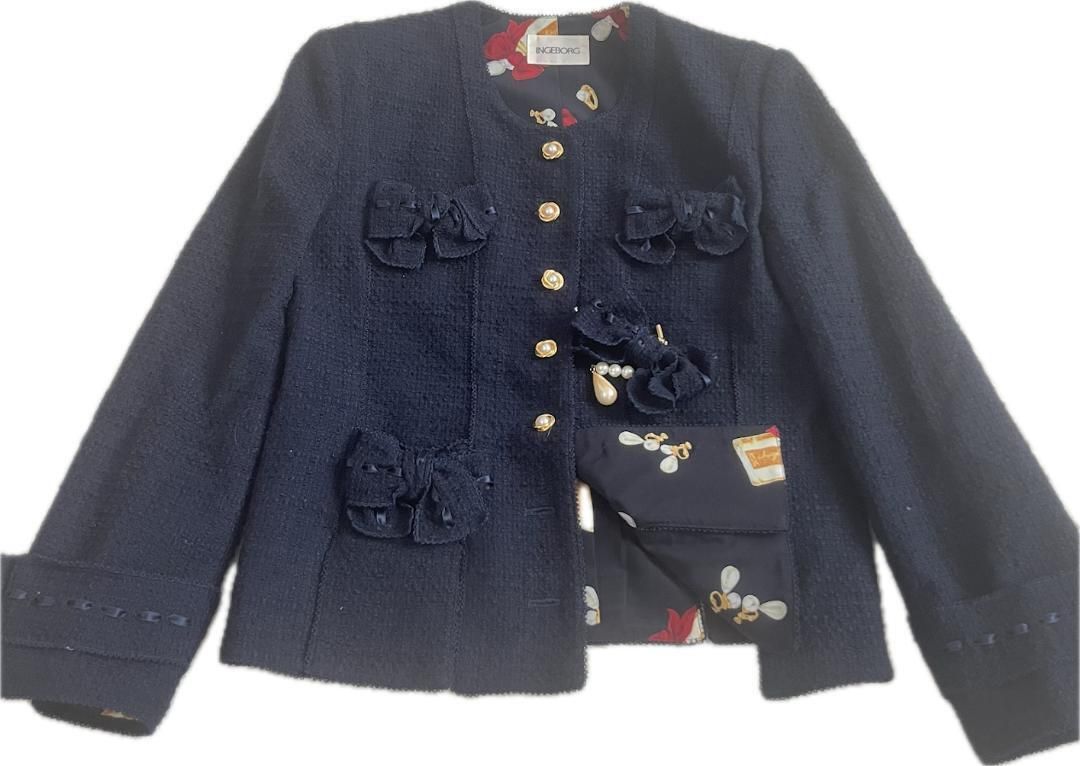 【INGEBORG】インゲボルグ ラムレザー 金ボタン ジャケット 美品】INGEBORG インゲボルグ ピンクハウス ノーカラーツイード