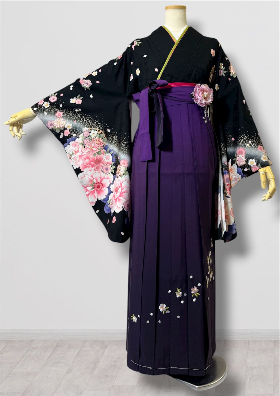 着物 袴 帯 3点セット セット販売 卒業式 に レディース袴セット 成人式 卒業式に 華やか和装 黒 ブラック 紫 95-9