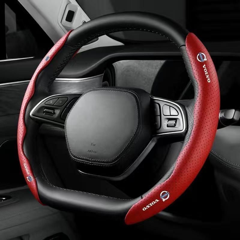 【新品未使用】ボルボ VOLVOレッドハンドルカバー ハンドル保護 専車ロゴ ステアリングカバー レザー 滑り止め D型 O型 分割 タイプ 2本セット aacn qtm