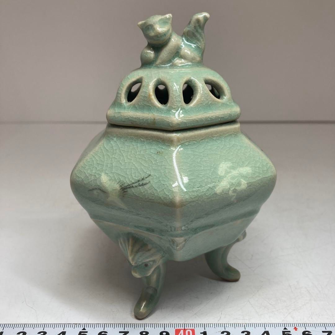 柳海剛在銘 青磁獅子香炉 高さ14㎝ 本Y5-0614