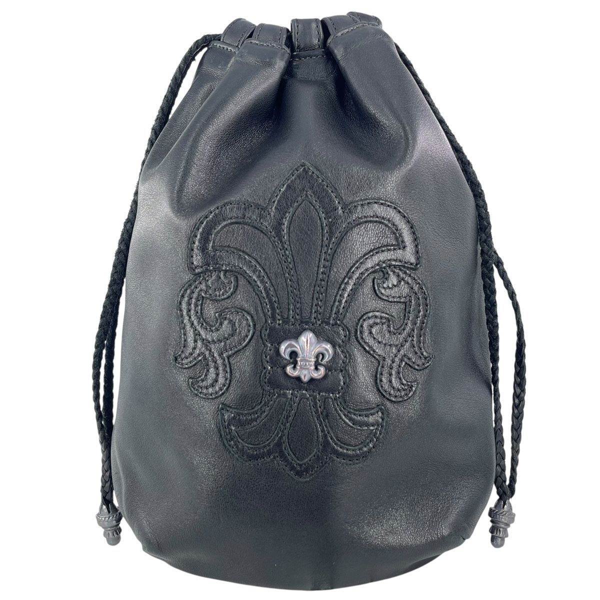CHROME HEARTS クロムハーツ ドローストリングサック BSフ シルバー ブラック レザー 巾着 ポーチ ハンドバッグ バッグ 24029481 RS