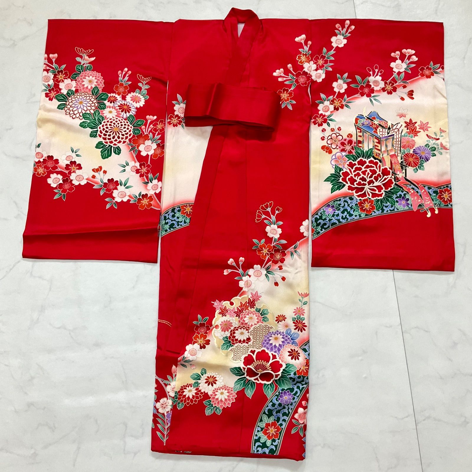 【最終値下げ】お宮参り 女の子 産着 七五三 着物 子供着物 長襦袢付き【美品】 お宮参り 着物 女の子[大桜柄 青色] 産着セット(紐付きの