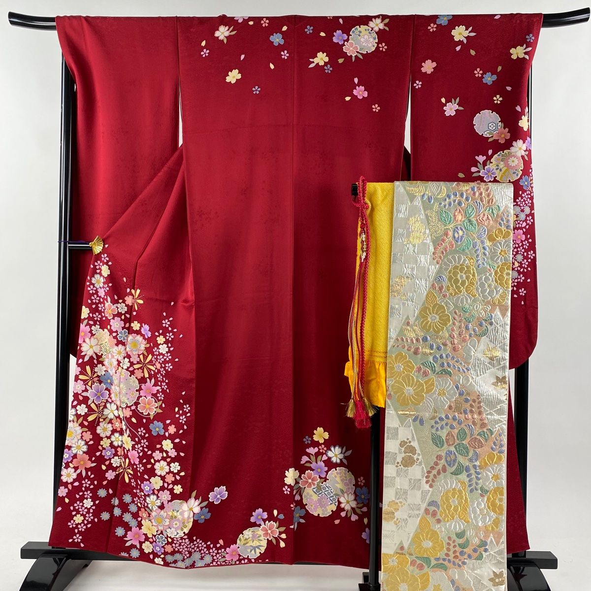 振袖フルセット 裄69.2cm 身丈163cm 辛子色正絹 L サイズ 2745 振袖 身丈159cm 裄丈69cm L 袷 袋帯フルセット 雪輪 草花 金彩 ぼかし