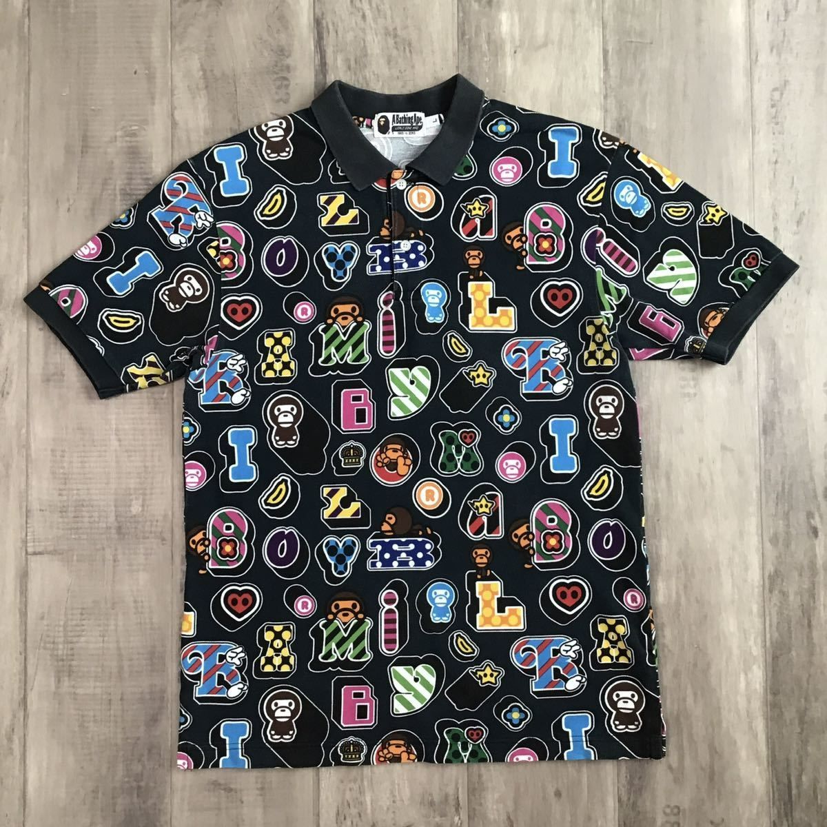 希少　A BATHING APE マイロ モノグラム ロゴ ポロシャツ マイロ モノグラム ロゴ ポロシャツ Lサイズ ブラック a bathing