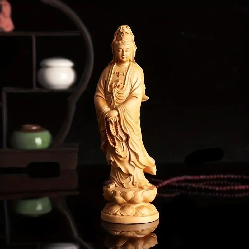 超絶技巧　観音像 約31cm 職人技　彫刻　ハンドメイド 精緻な観音菩薩フィギュア 手作り木製観音像 1個 エレガントで