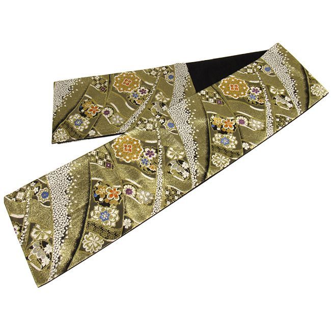 袋帯 振袖用 USED 正絹 仕立て上がり 金×黒 花紋 No17 六通柄 振袖用  