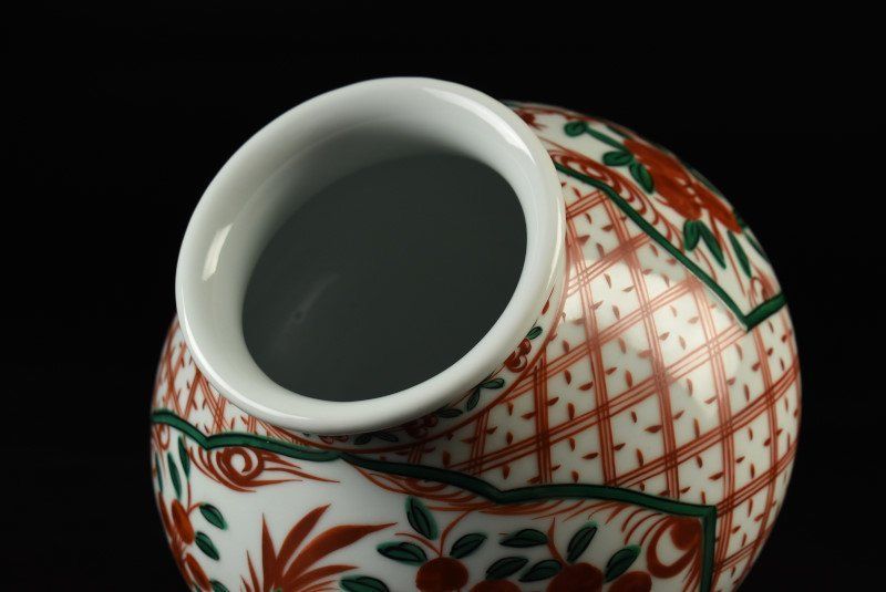 三浦竹軒 赤絵呉須花鳥文 花瓶花器飾壷 共箱 三浦竹軒 『倣赤絵呉須