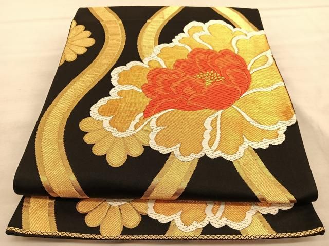 平和屋着物◎六通柄袋帯 唐織 立涌牡丹文 黒地 金糸 正絹 逸品