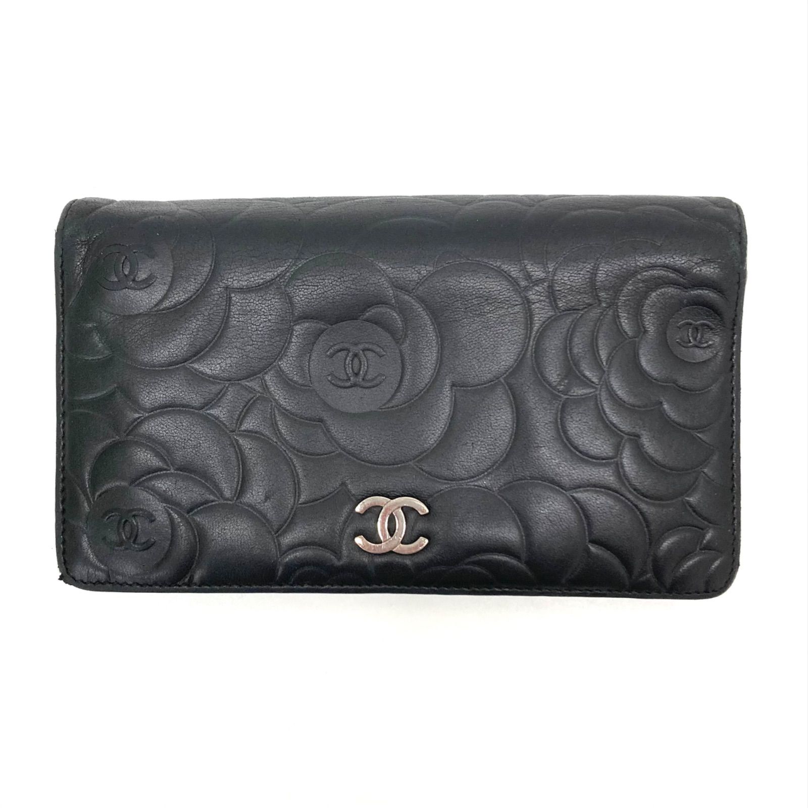 ◇CHANEL◇ シャネル カメリア 長財布 二つ折り ブラックー×シルバー 
