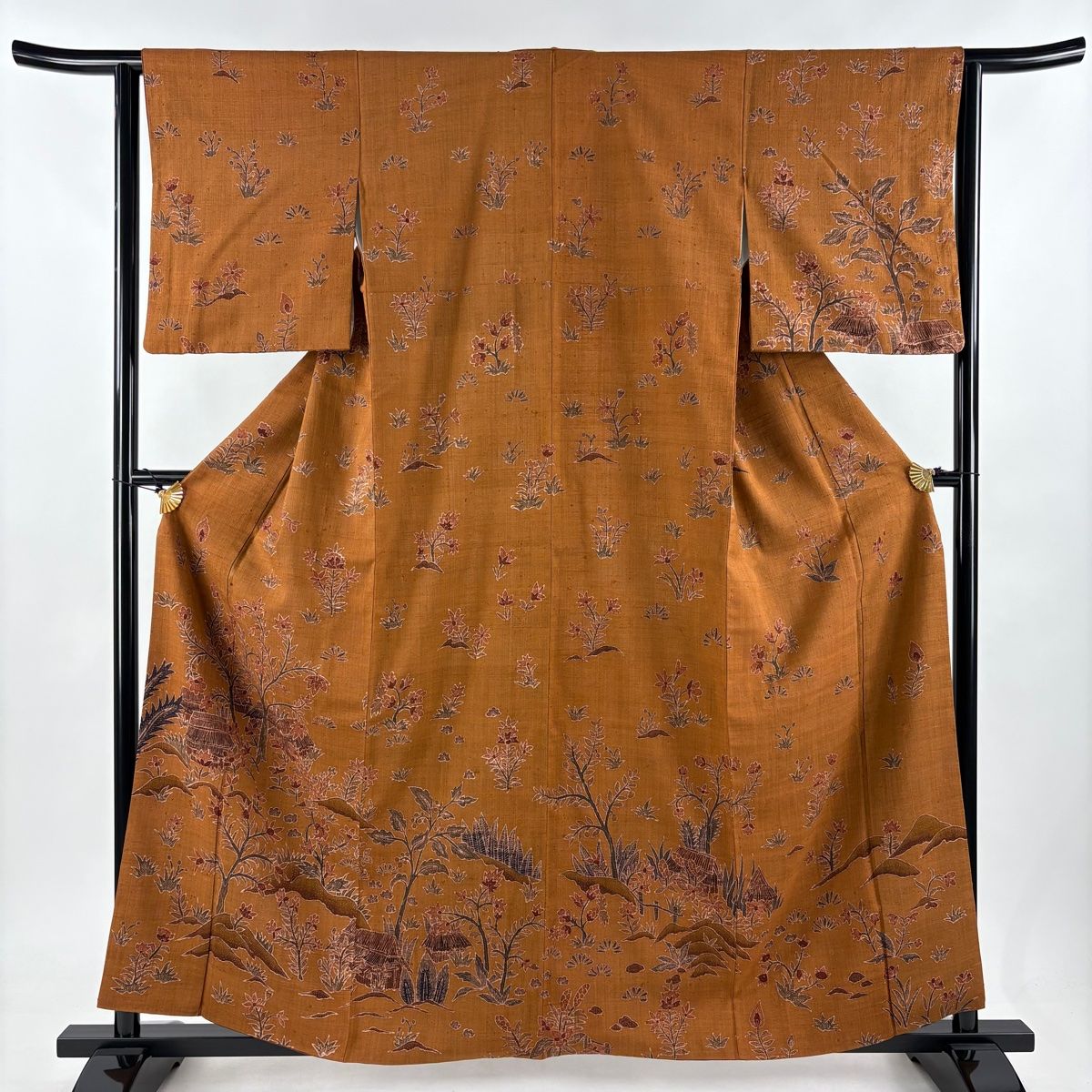 訪問着 身丈159.5cm 裄丈62cm S 袷 紬地 家屋 枝花 赤茶 正絹 美品 秀
