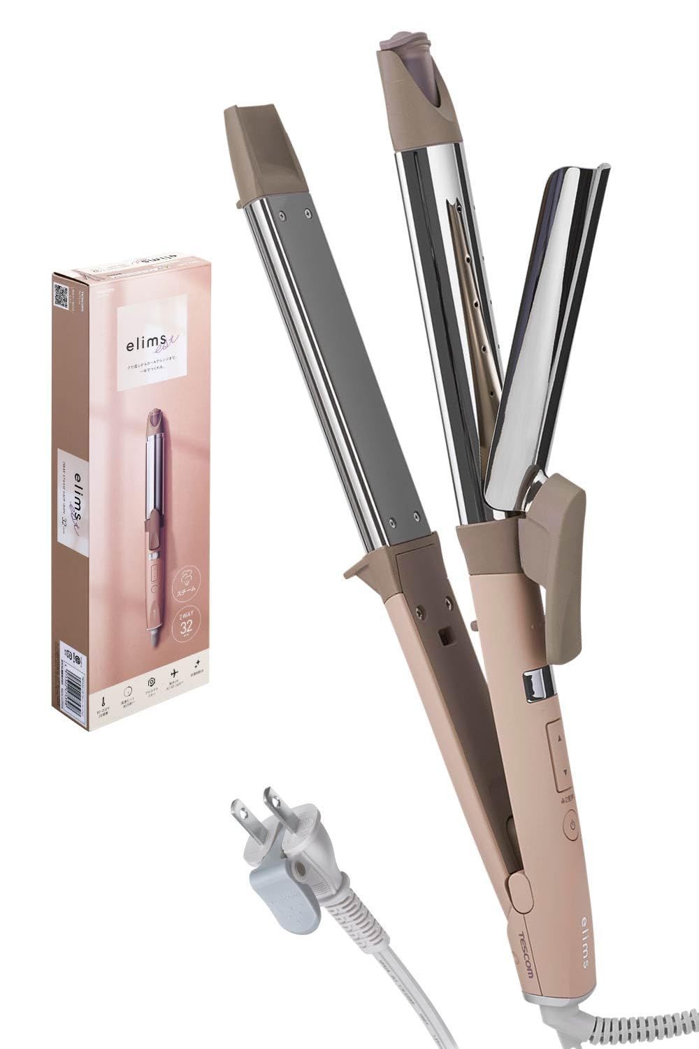 Size 32mm テスコム ヘアアイロン 32mm ストレート|カール プロテクトイオン 80-200℃ 温度調整|ロック|メモリー 海外対応 自動OFF 開閉ロック ラク抜きプラグ elims est サニーベージュ TW753A-C|E