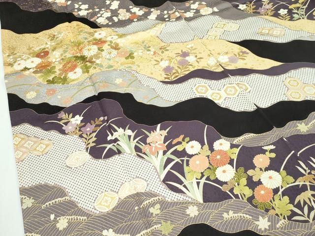 平和屋本店□極上 訪問着 駒刺繍 道長草花文 金彩 紫黒色地 逸品