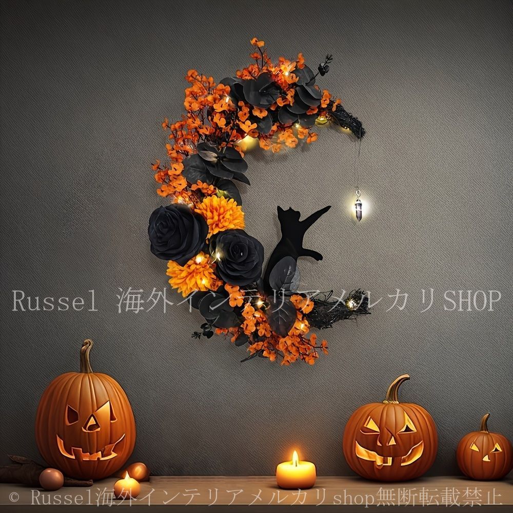 ハロウィンリース　オーナメント　ハンドメイド　三日月リース　クレセント　黒猫 ハロウィン ハロウィンリース 月 猫 花 月猫リース かわいい