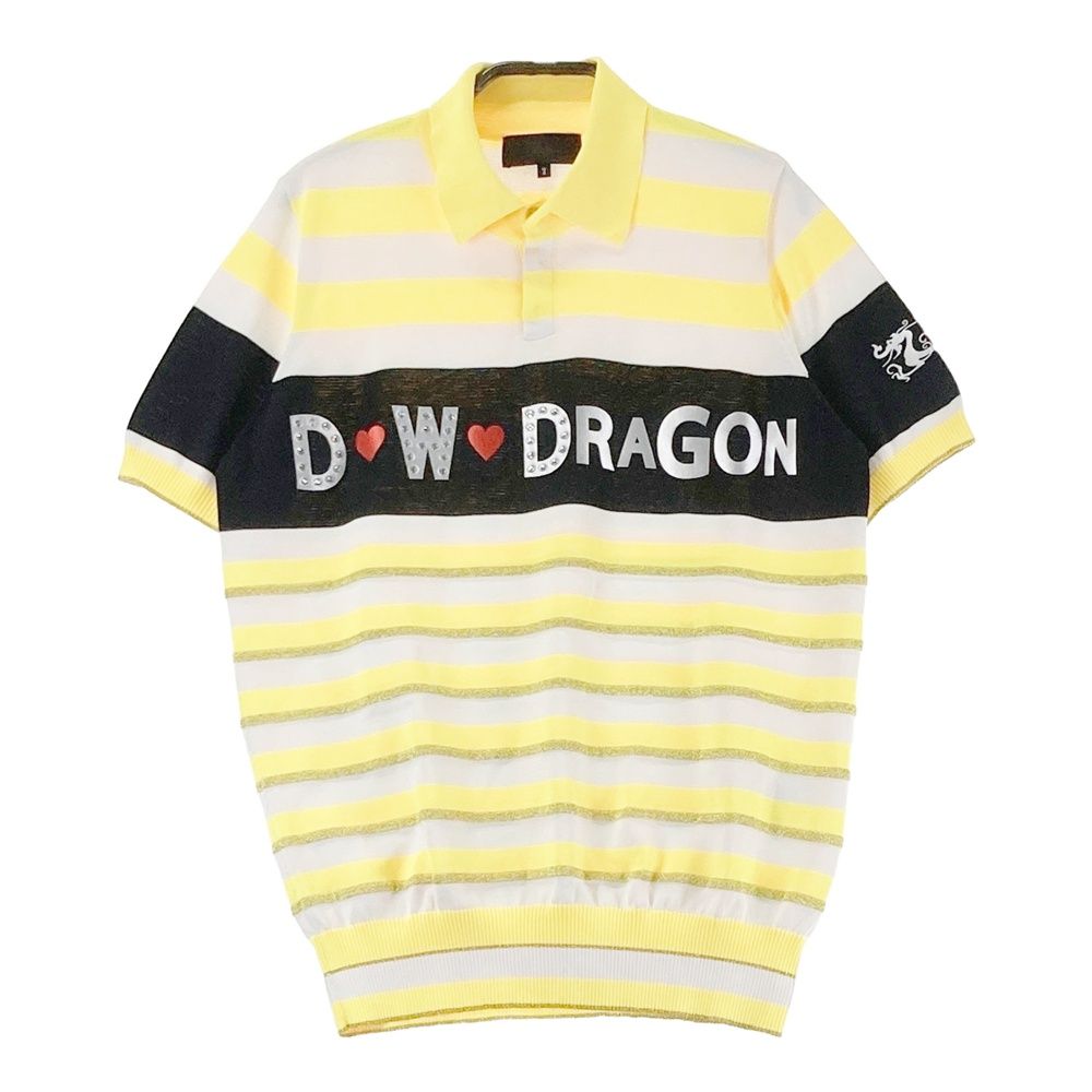 サイズ：2 DANCE WITH DRAGON ダンスウィズドラゴン  ニット地 半袖ポロシャツ ボーダー柄 イエロー系 [240101481657] ゴルフウェア レディース ストスト サイズ：2 DANCE WITH DRAGON ダンスウィズドラゴン ニット地