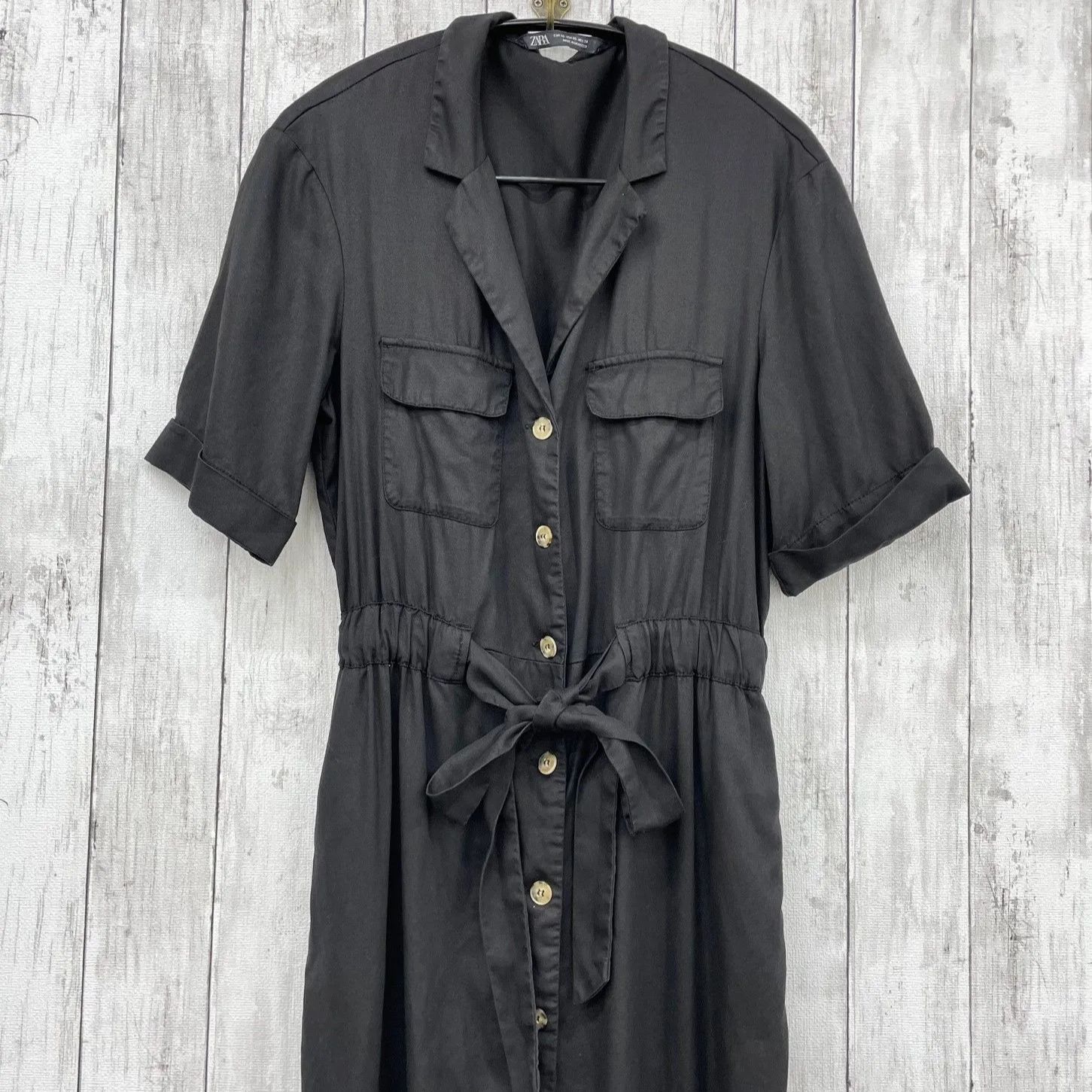 ZARA 】ザラ フロントボタンシャツワンピース ウエストリボン
