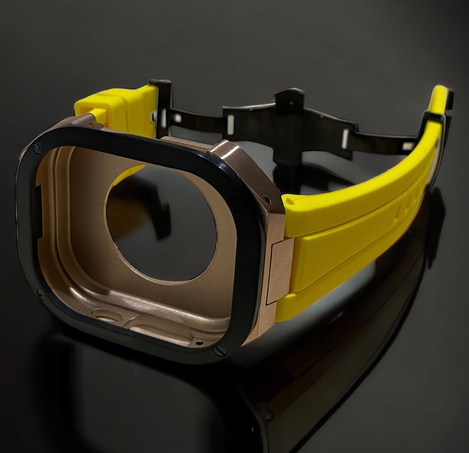 イエロー×ローズブラック 49mm apple watch ultraアップルウォッチラバーメタルカバーセット ウルトラ 49ミリ用 カスタム ultra2