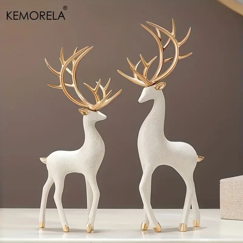 2ピースセット鹿像オーナメント - 樹脂製リビングルーム＆キャビネットデコレーション、クリスマス＆感謝祭ギフト