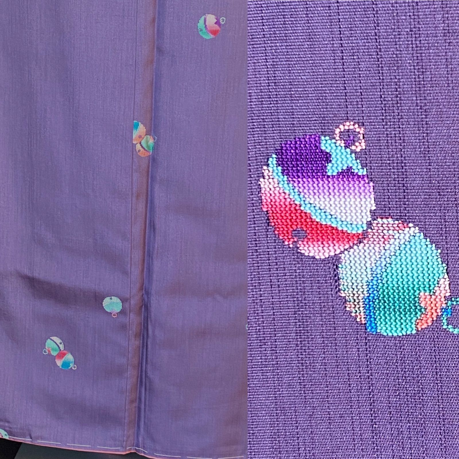 鈴模様の米沢紬〉トール 仕付け付き未使用 紫 SALE 織り出し - きもの