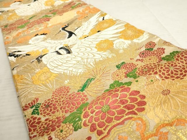 丸帯　飛鶴菊松文　アンティーク　大正ロマン 平和屋着物◎アンティーク 大正ロマン 丸帯 飛鶴文 正絹 逸品