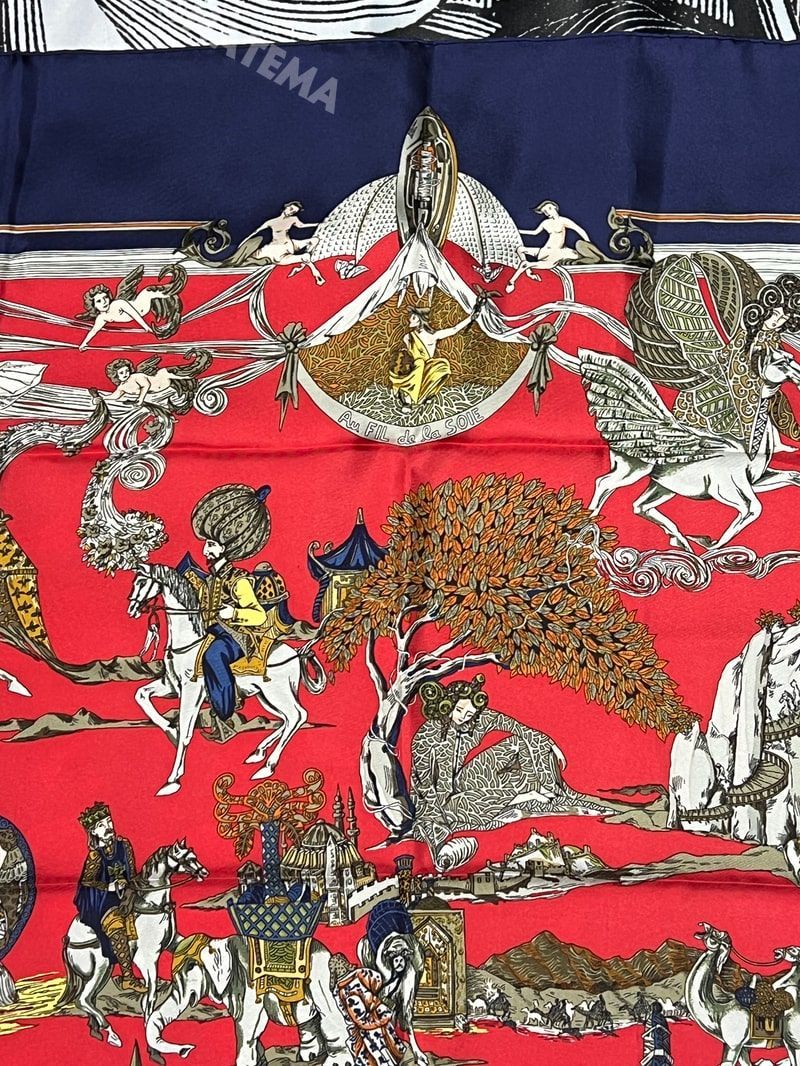 美品 エルメス スカーフ 90 カレ HERMES Au FIL de la SOIE 絹糸の赴く