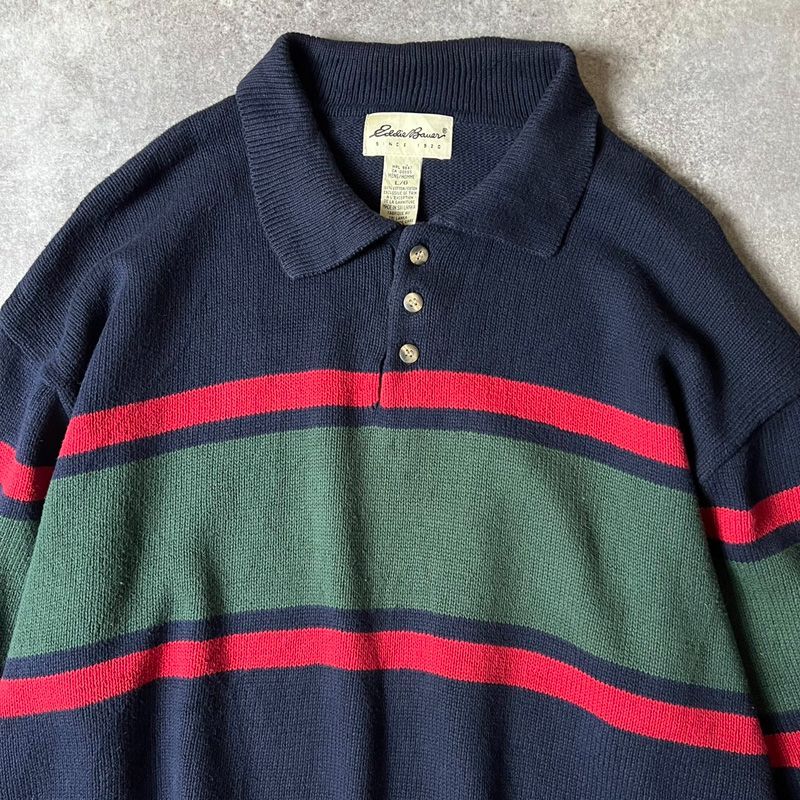 90s 白タグ Eddie Bauer マルチボーダー コットンニットポロシャツ 90s 白タグ Eddie Bauer マルチボーダー コットンニット