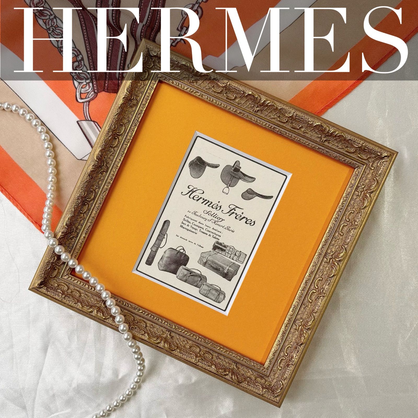 ＜1924 広告＞HERMES エルメス ポスター ヴィンテージ アートポスター フレーム付き 額縁 インテリア モダン おしゃれ かわいい 壁掛け ポップ  レトロ モノトーン モノクロ オレンジ ミニ