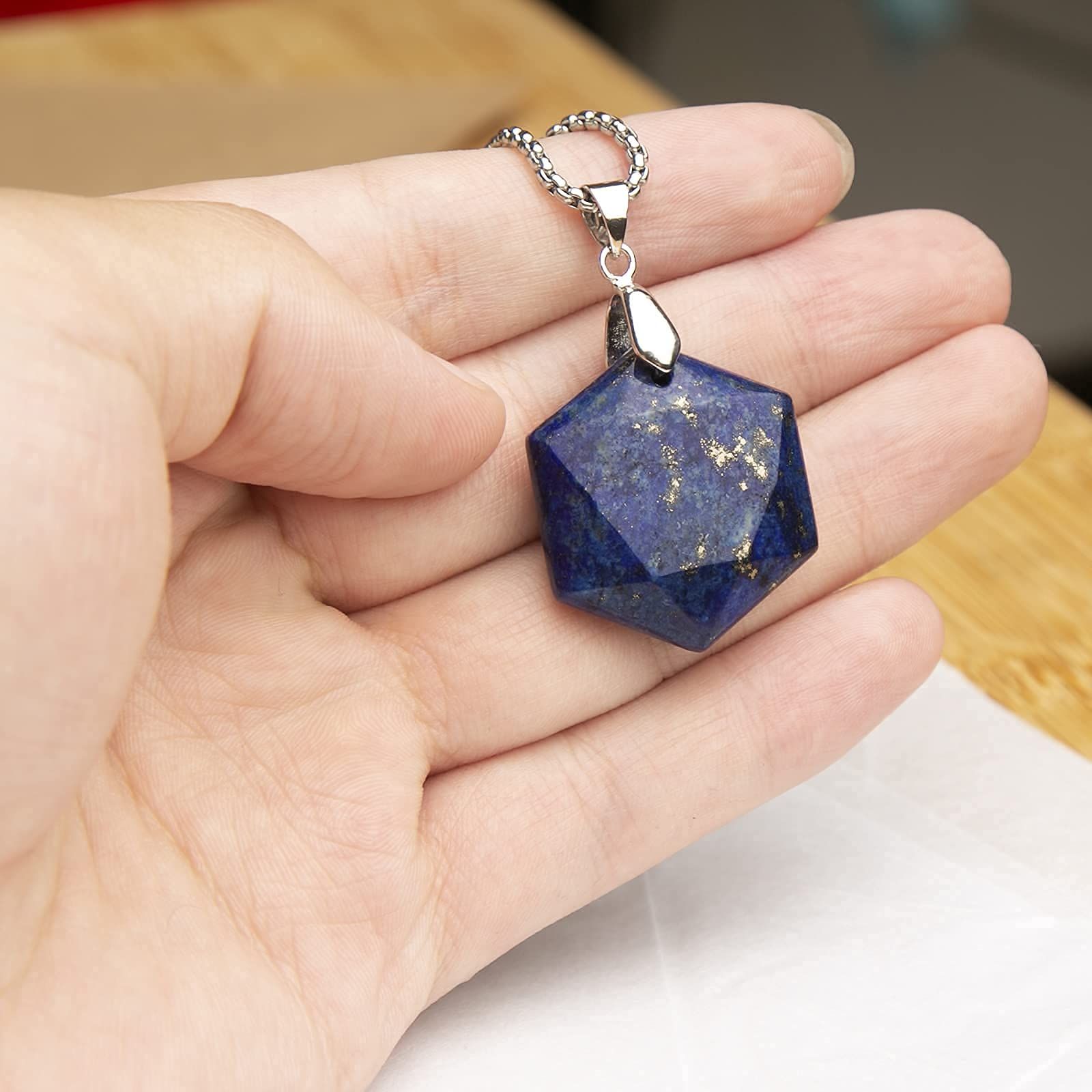 本物のラピスラズリ六角星ネックレスヒーリングクリスタルペンダント、調節可能な天然宝石ネックレスレイキクォーツジュエリー 男女兼用, ステンレス鋼, ラピスラズリ 
