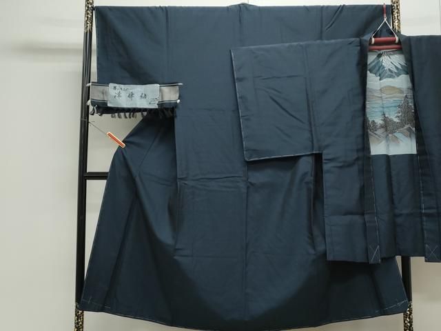 平和屋着物●男性 瑞峰紬 アンサンブル 色無地 留紺色 正絹 CAAS0398th
