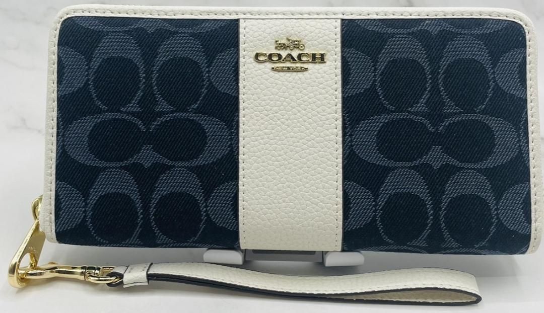 即日発送 COACH コーチ長財布 デニム シグネチャー ストラップ付