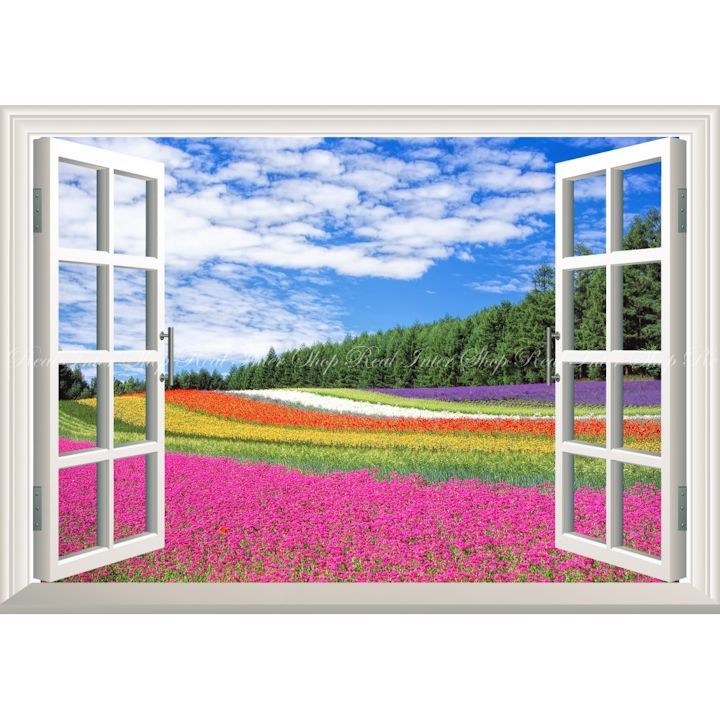 絵画風 壁紙ポスター (はがせるシール式) -窓の景色- 花畑 ラベンダー ポピー 小町草 富良野 北海道 【窓仕様／トリックアート】 キャラクロ FLGD-001MA1 (A1版 830mm×585mm) ＜日本製＞ ウォールス