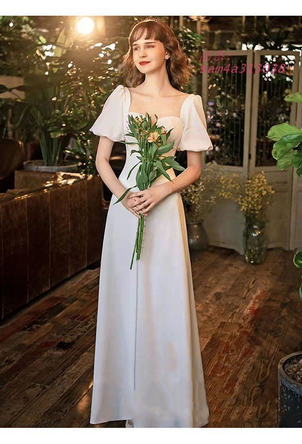 ウェディングドレス ホワイト 白 ロングドレス バルーンスリーブ 袖あり 結婚式 背中開き 披露宴 花嫁 編み上げ お呼ばれ am4a313038