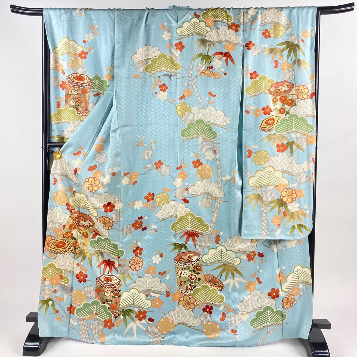 振袖 身丈169cm 裄丈70cm L 袷 吾妻徳穂 落款 貝桶 松竹梅 金糸 金彩 水色 正絹 名品