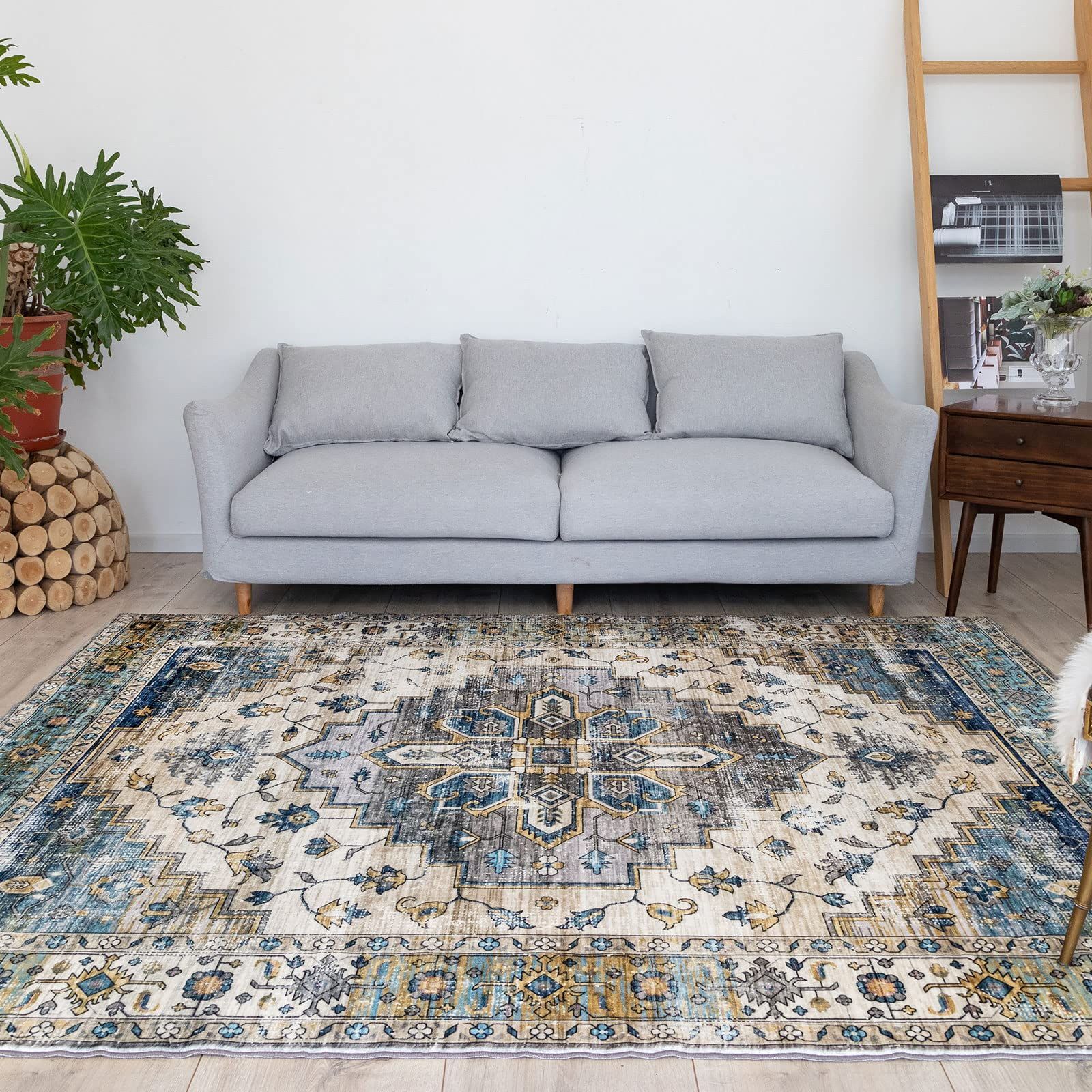 カーペット 3畳 ペルシャ絨毯風 160x230CM 洗える 花柄 ラグ マット u-living ふわふわ 低反発 滑り止め ブルー 撥水効果 防ダニ 防臭 床暖房対応