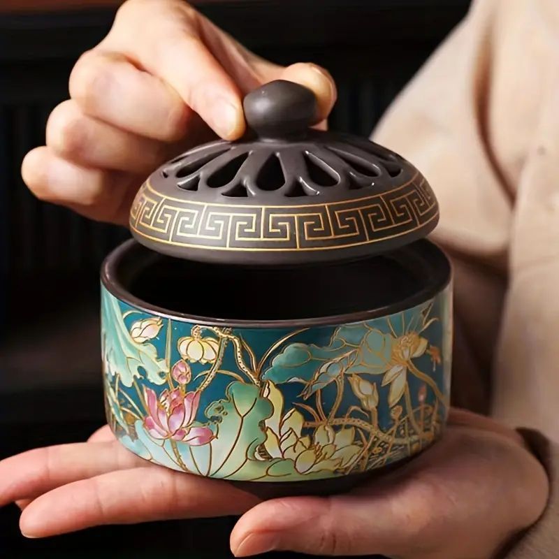 繊細な切り込み模様の陶器香炉 新品・未使用】 大型エナメル工芸陶器香炉 1個 8.38x10.16 cm